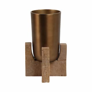 Metal and Stone Vase with Aluminum and Travertine Base Tabletop Decor
