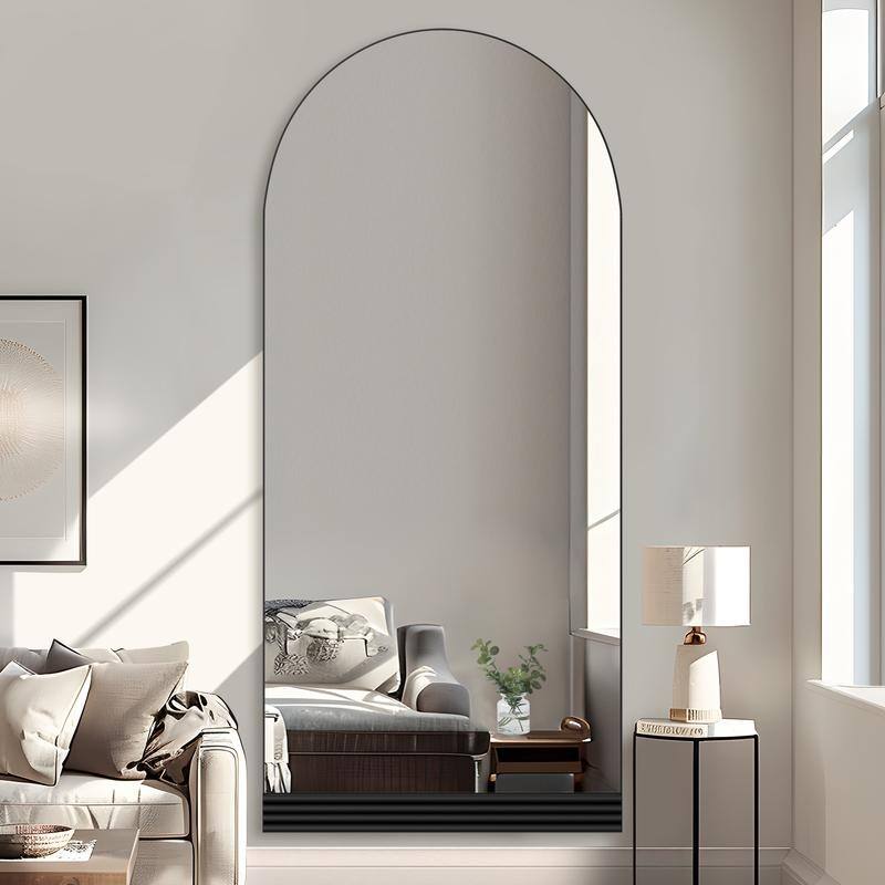 Full-Length Arched Wood Frame Wall Mirror with Striped Wooden Base in Black - 71"x31" - 71"x31" - Black