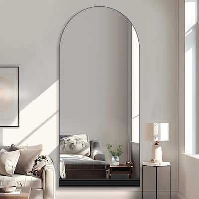 Full-Length Arched Wood Frame Wall Mirror with Striped Wooden Base in Black - 71"x31"