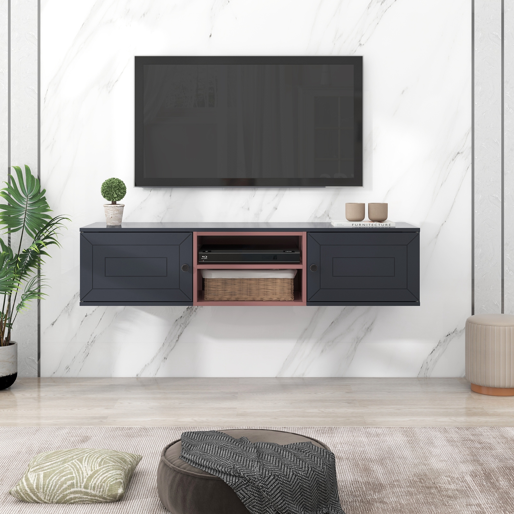 Floating shelf under shop tv on wall
