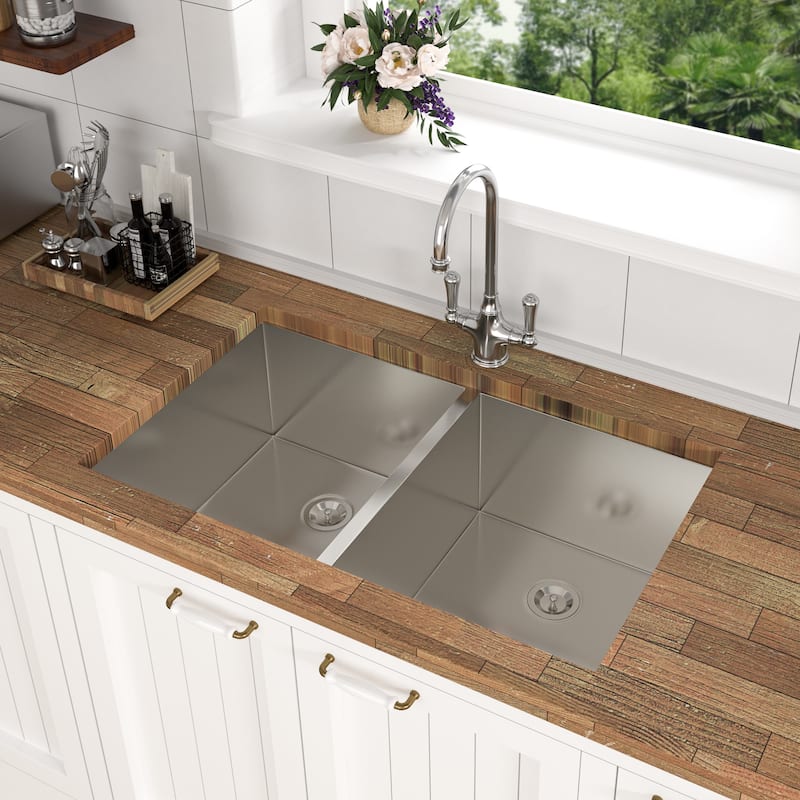 Undermount 16 Gauge Double Bowl Stainless Steel Kitchen Sink in Brushed Nickel - 33'' x 19'' x 9''