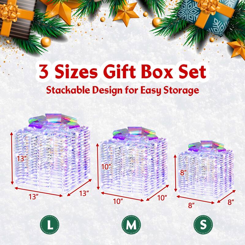 3 pcs Iridescent Christmas Gift Box LED Lighted Present Box Decoration