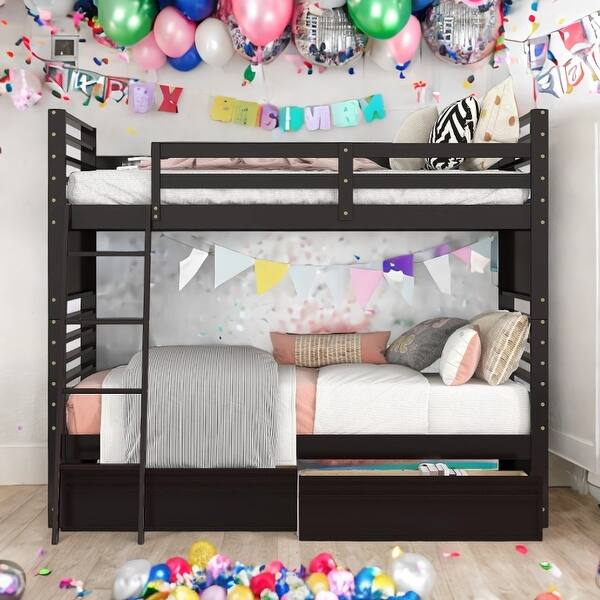 slide 2 of 20, Minimalist Design Twin over Twin Wood Bunk Bed with Two Drawers Espresso