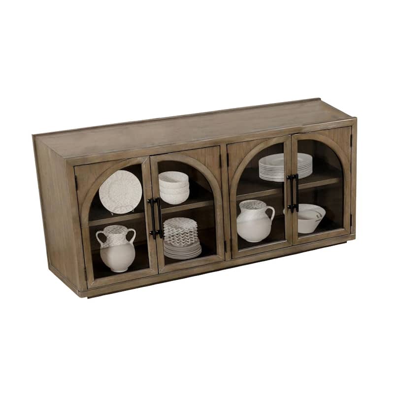 4 Doors Wooden and Glass Server with Adjustable Shelves in Oak