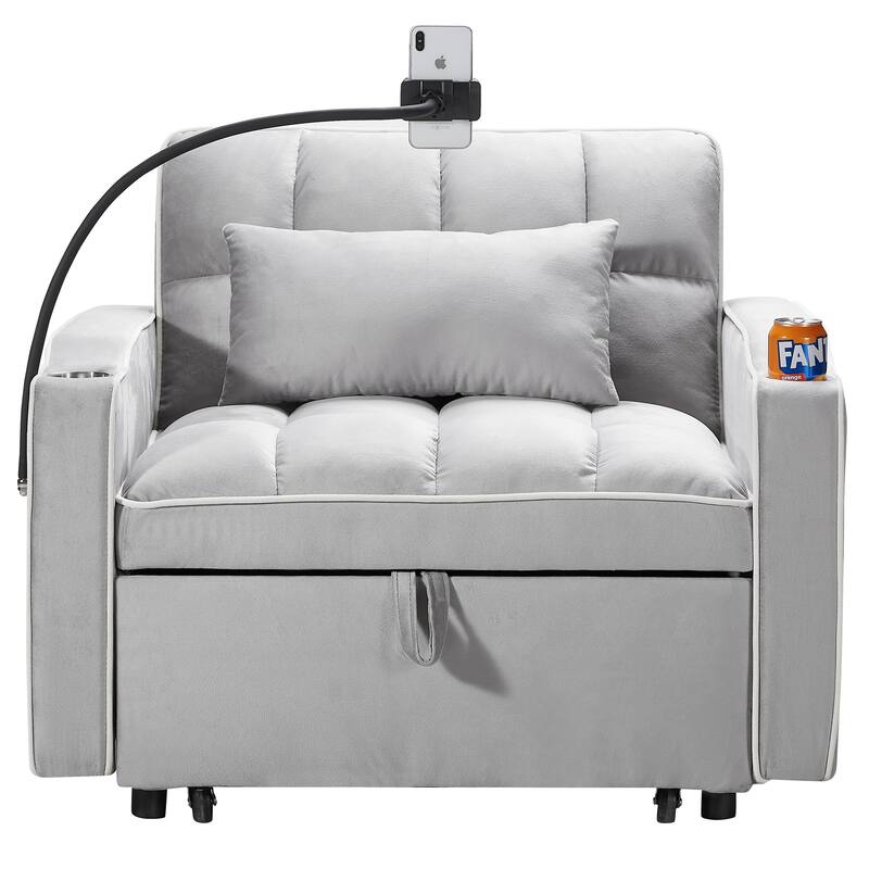 Grey Modern 35.83" 3 in 1 Velvet Single Convertible Sofa Bed with Adjustable Back and USB Charging Port for Living Room