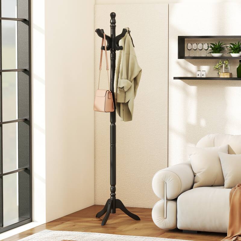 72" Height Adjustable Wooden Coat Rack Tree with 11 Heavy Duty Hooks and Tri-Leg Base for Bedroom or Entryway - 20" x 17" x 72"