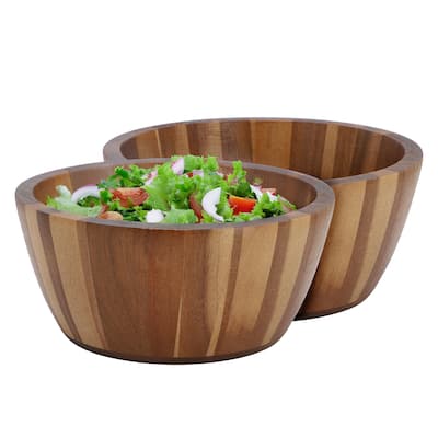 2 Piece 8.5 Inch Acacia Wood Serving Bowl Set For Salads, Snacks, and More