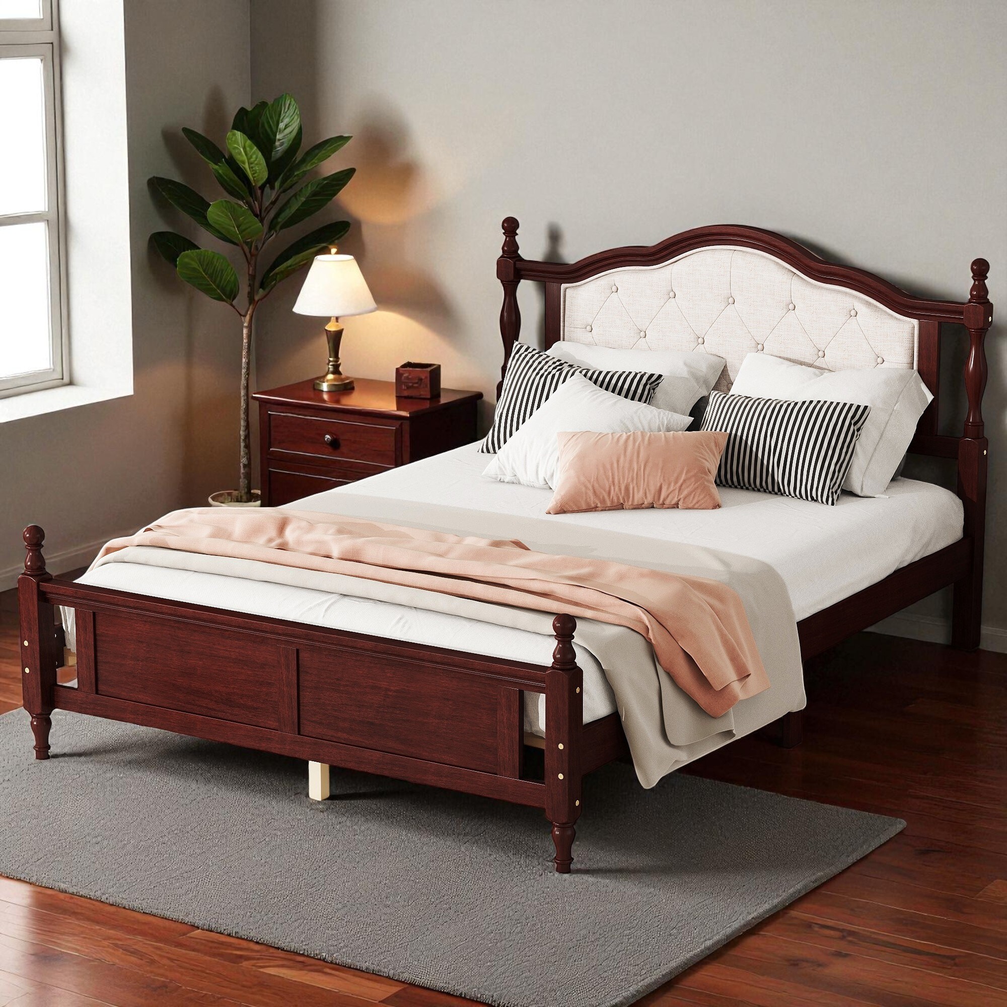Queen Size Platform Bed Frame with Upholstered Headboard and Panel Footboard, Pine Wood Slats, Underbed Storage