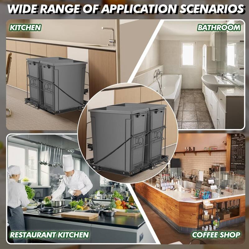 Side Pull Stainless Steel Kitchen Adjustable Trash Slide Out Shelf - 70 Quarts