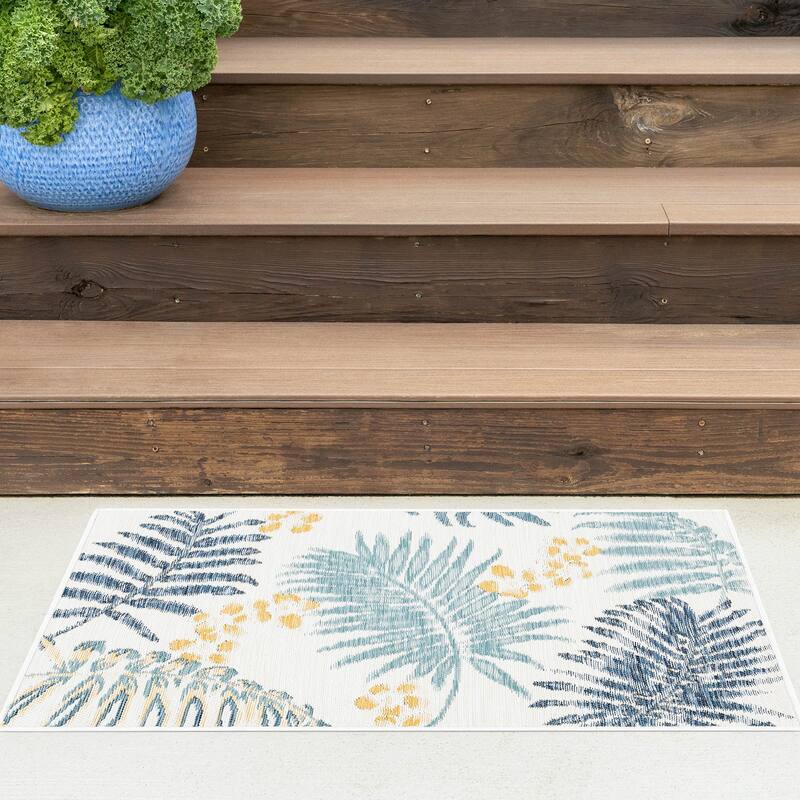 Alfresco Nautical & Coastal Floral & Botanical Reversible Indoor/Outdoor Area Rug - 2' x 3' - Navy/Aqua