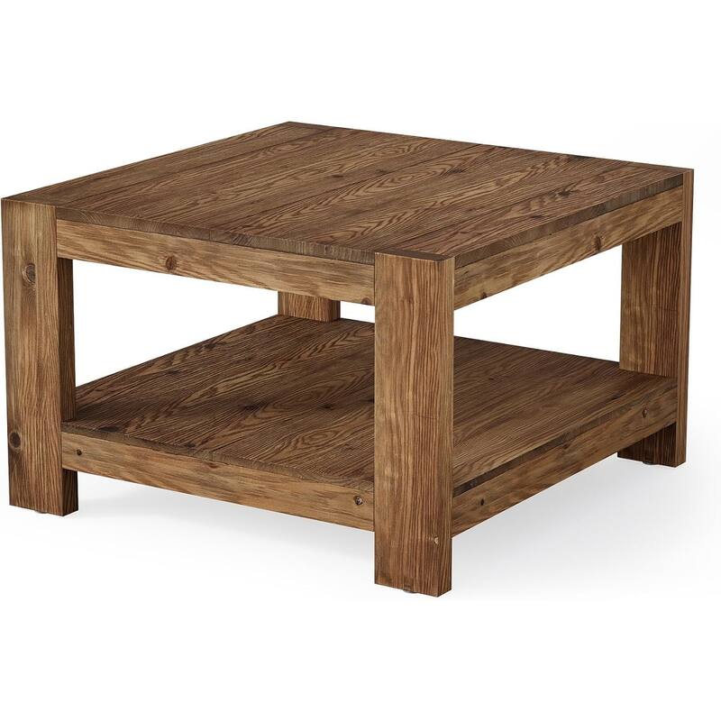 31.5" Square Farmhouse Solid Wood Coffee Table with Storage Shelf for Living Room, Small Space, Office,