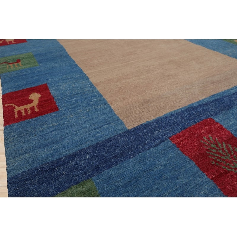 Hand Knotted Gabbeh Beige, Blue Persian Wool Modern Oriental Area Rug - 4' x 6'