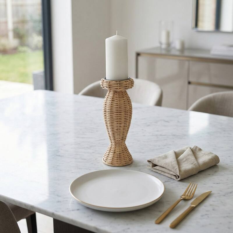 Candle Holder - Brown Metal Handwoven Raffia Pillar - 11.25"