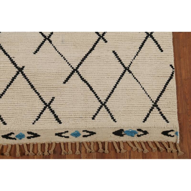 Hand Knotted Oriental 100% Wool Carpet Modern All-Over Beige & Ivories Moroccan Runner Rug - 13' 3'' X 3' 10''