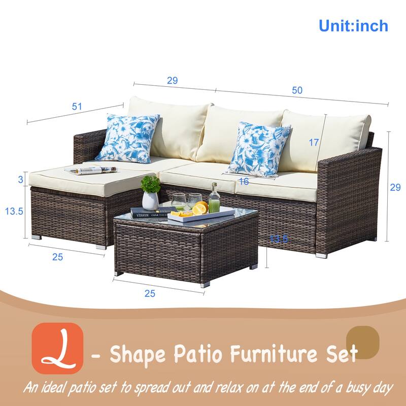 3-piece Outdoor Sectional Furniture All-weather Wicker Patio Conversation sets, Beige