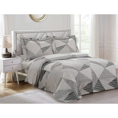 Violet Linen French Hexagons Geometric Triangles Pattern, 200 Thread Count Cotton Percale, Grey, 6 Piece Bedding Duvet Cover Set