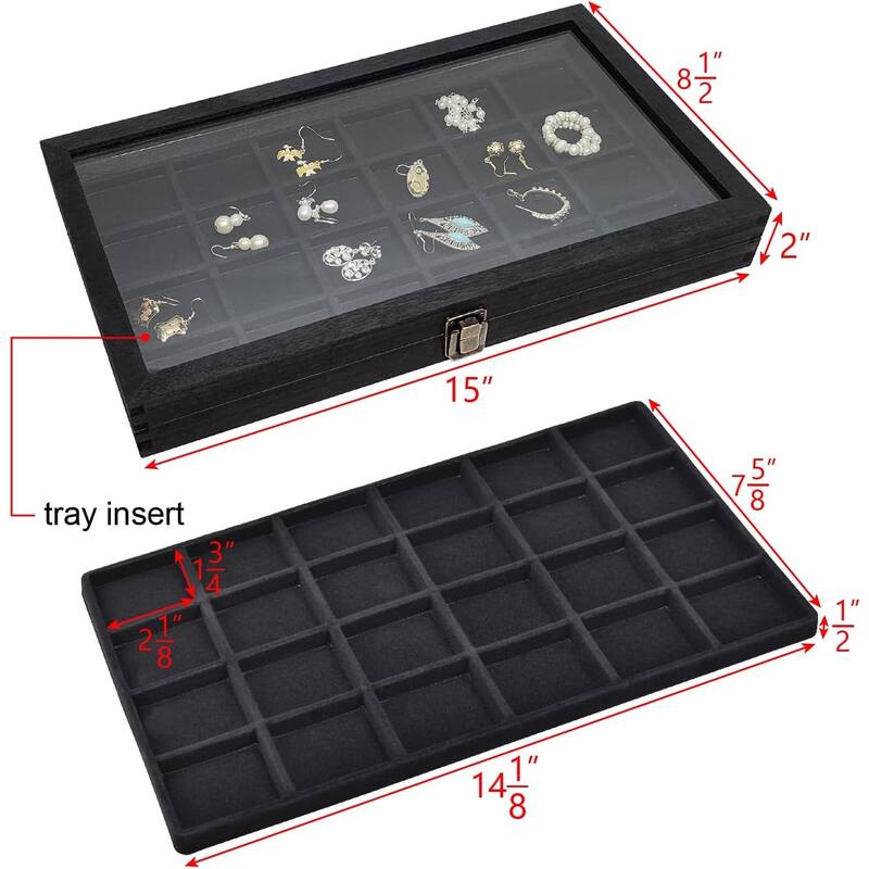 Natural Wood Glass Top Jewelry Display Case Accessories Storage Box with Metal Clasp & Removable 24 Compartments - S