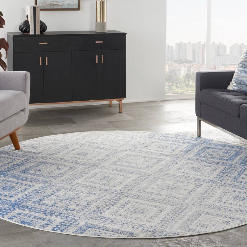 Nourison Whimsicle Boho Distressed Tribal Ivory Blue Area Rug - 8' Round - Ivory Blue - Runner/Round