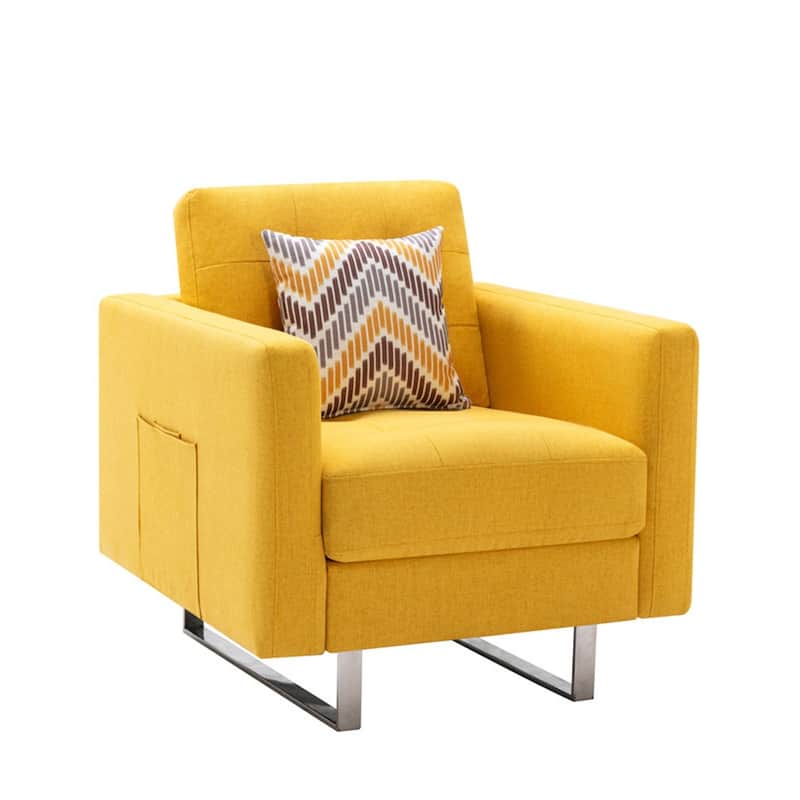 Linen Fabric Armchair with Metal Legs, Side Pockets, and Pillow