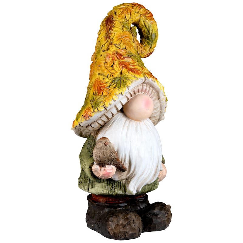 Fall Harvest Gnome in Maple Leaf Mushroom Hat Holding Bird - 16.5"