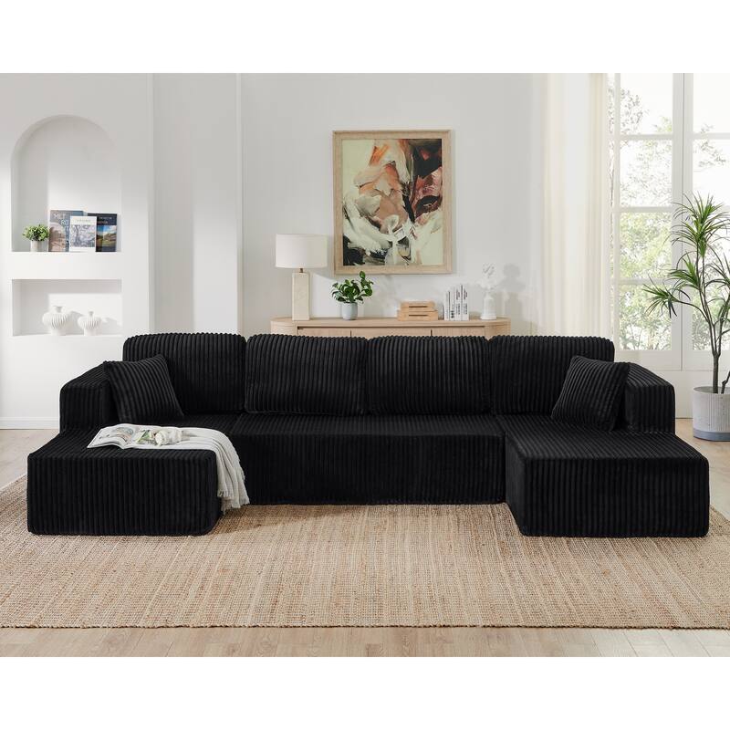 Roomfitters U-Shape Modular Sectional Sofa, Corduroy Sleeper Couch, Modern Compressed Sofa for Living Room