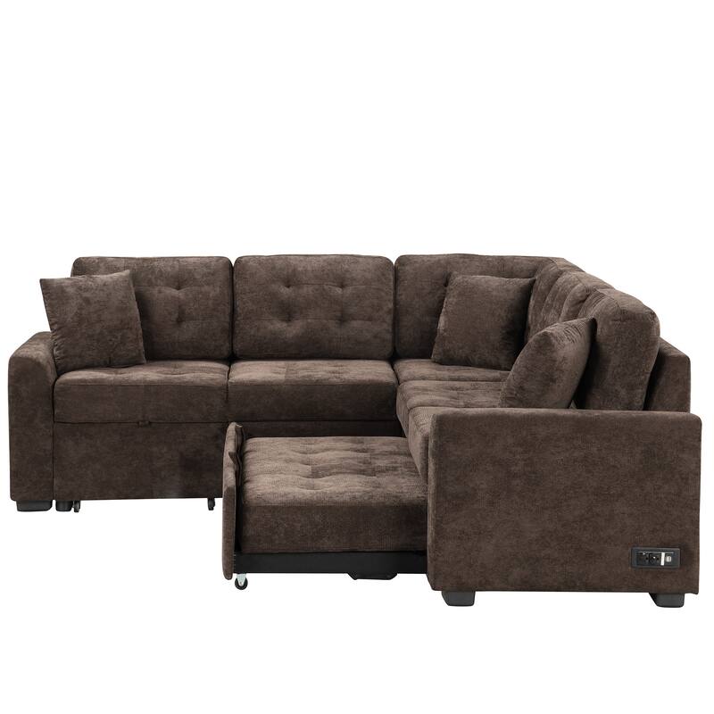 82.6-inch L-shaped Pull-out Sleeper Sofa with Wheels, USB Ports, Power Sockets - 82.6"W x 82.6"D x 33"H
