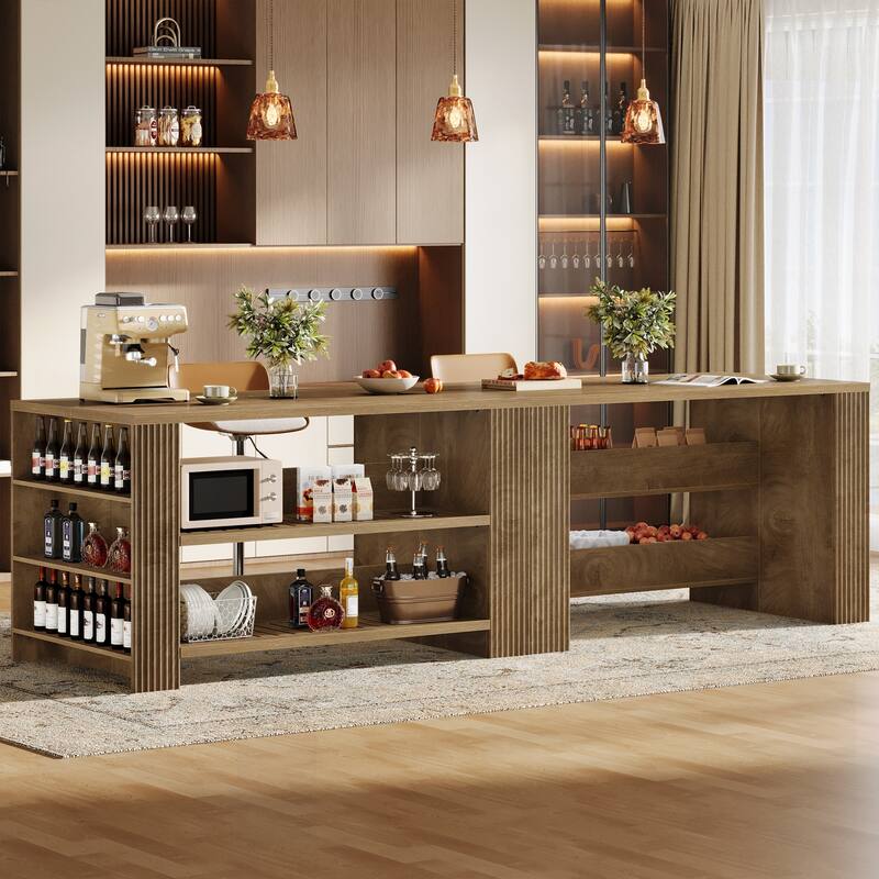 59 Inch Long Bar Table with Storage Shelves, Farmhouse Counter Height Bar Unit for Home / Kitchen / Dining Room
