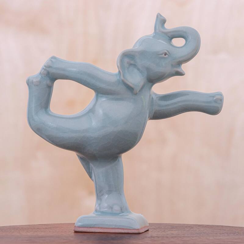 Novica Handmade Elephant Mountain Pose Celadon Ceramic Figurine