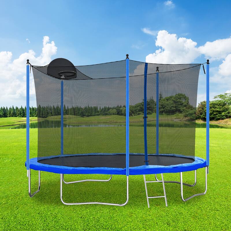 Recreational Trampoline - Basketball Hoop, Safety Enclosure Net, Ladder, Outdoor Use - Blue - 141.7