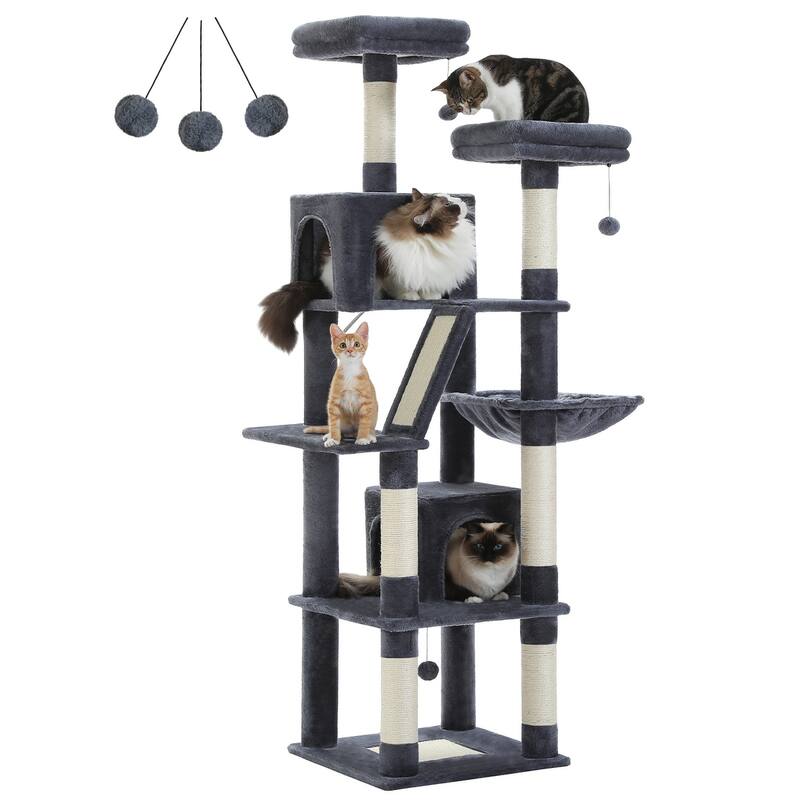 Multi-Level Indoor Large Cat Tree Scratching Post with 2 Perches, 2 Condos, Hammock and 2 Pompoms