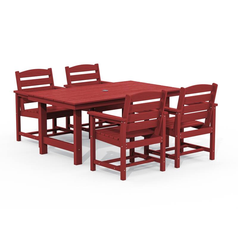 5-Piece HDPE Outdoor Dining Table Sets with Umbrella Hole - 1-Table 4-Chairs - Red
