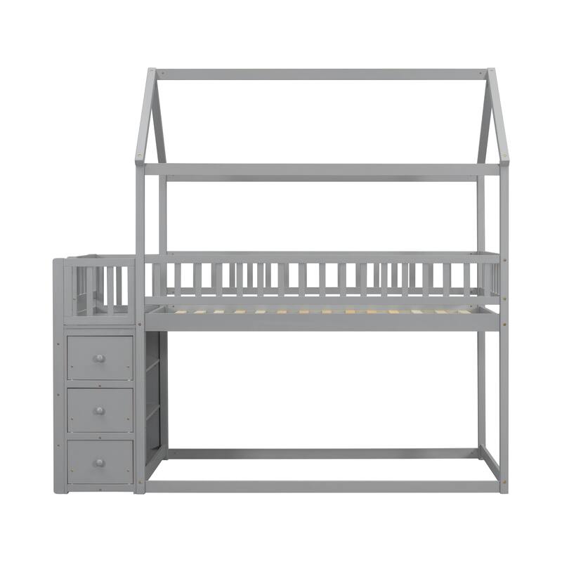 Twin House Bunk Bed with Roof, Storage Shelves, and Drawers for Kids.