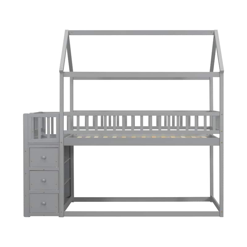 Twin/Twin House Bunk Bed with Shelves and Drawers