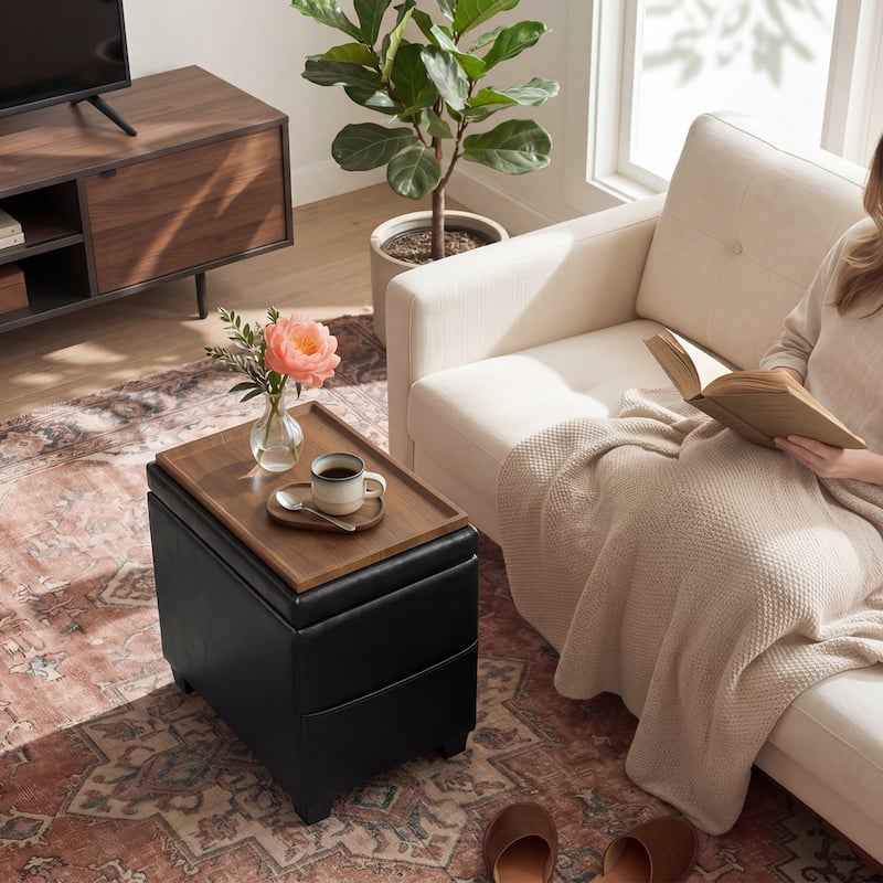 Adeco 16" W Upholstered Rectangle Storage Ottoman with Tray and Pocket - Black-Faux-Leather