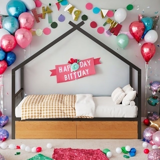 Metal Adorable House Full Size House Bed with Two Drawers,Kids and Baby