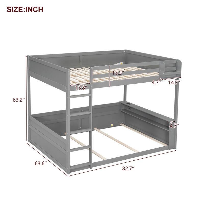 Queen Size Wooden Bunk Bed with Shelves, Storage Box, LED Light, and USB Charging Station, Grey