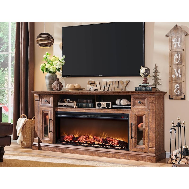 Farmhouse Fireplace TV Stand for 80 Inch TV, Entertainment Center - Reclaimed Barnwood