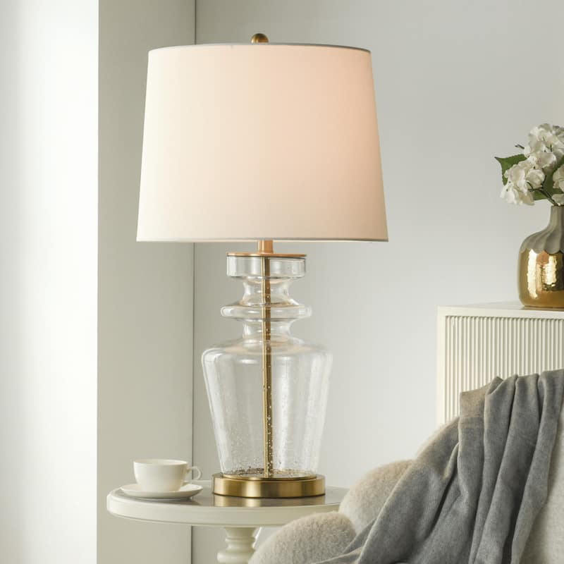 StyleCraft Glass & Steel Table Lamp - Clear Seeded & Gold - Off-White Shade