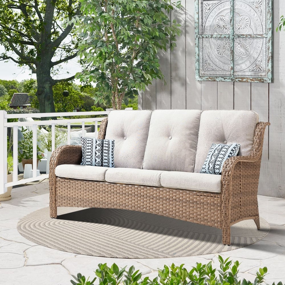 Gymojoy 3-Seat Outdoor Durable Sofa with Cushions, All-Weather PE Wicker
