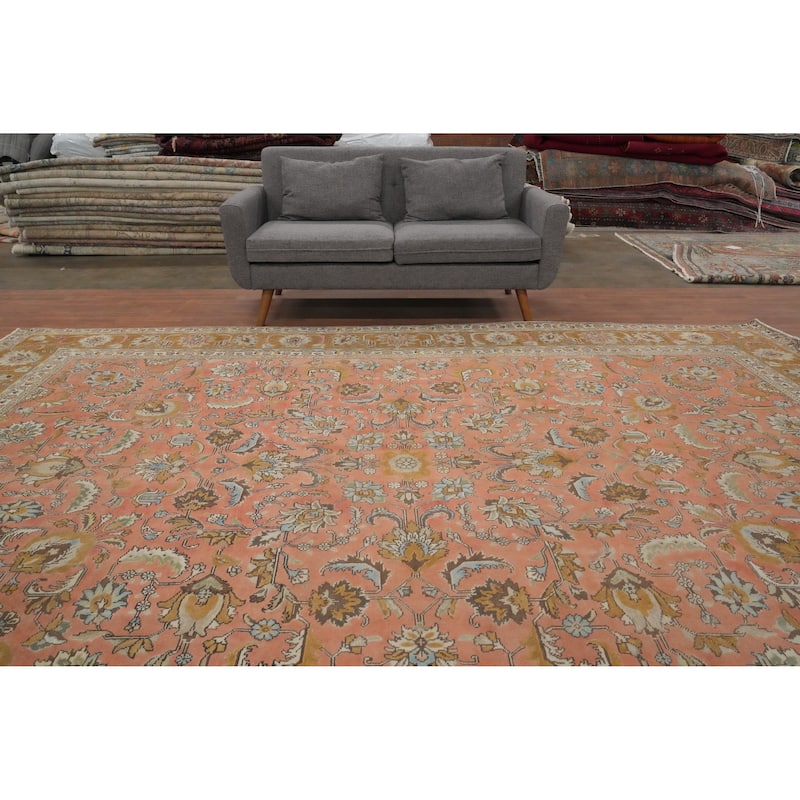 Hand Knotted Oriental 100% Wool Carpet Traditional All-Over Pink Tabriz Area Rug - 12' 6'' X 9' 7''