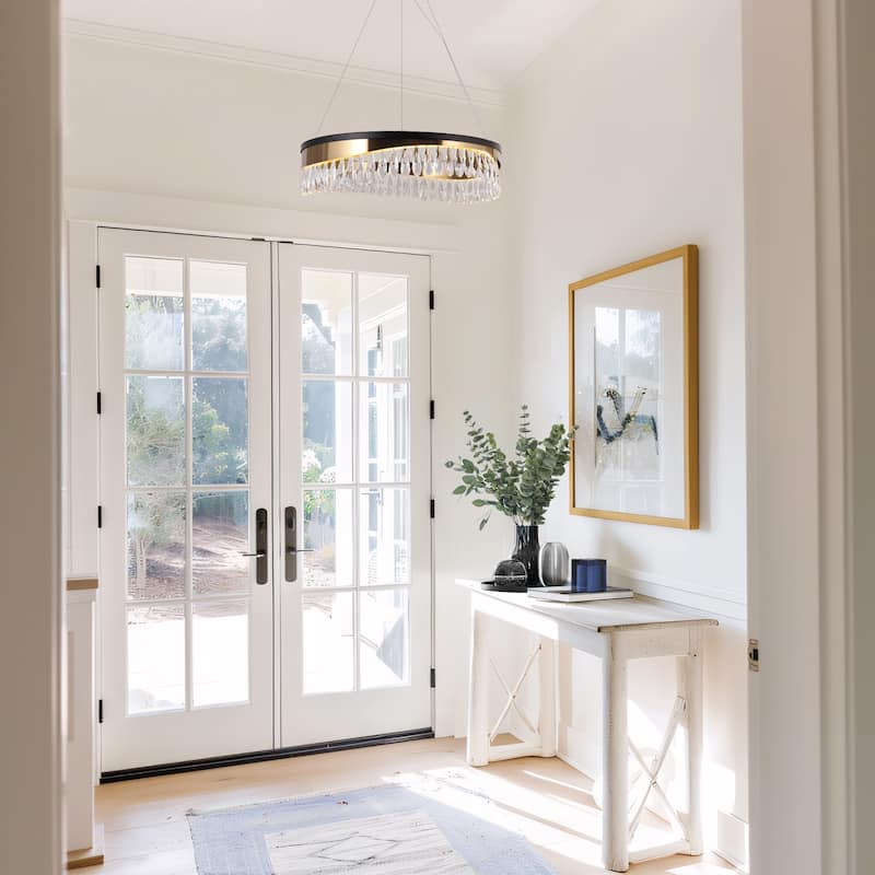 Modern LED Crystal Drum Chandelier Black Gold Hanging Lights for Dining Living Room - D23.5" x H6"
