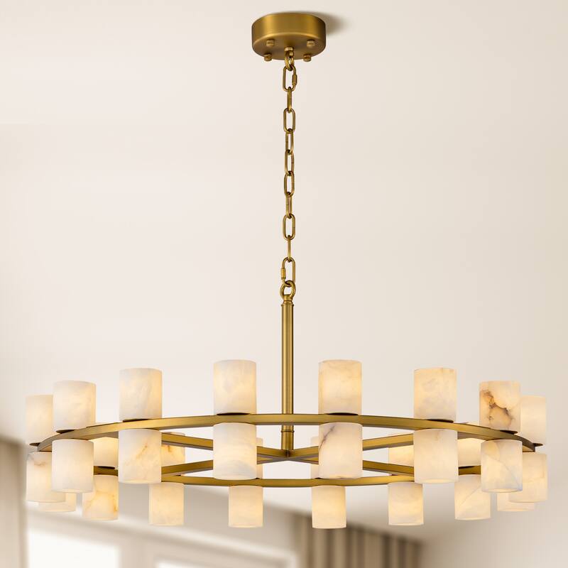 Modern Alabaster Glass Chandelier, Round or Linear Pendant Light with Up & Down Shades, D600-L1370, Copper or Black Finish - 32in - Gold