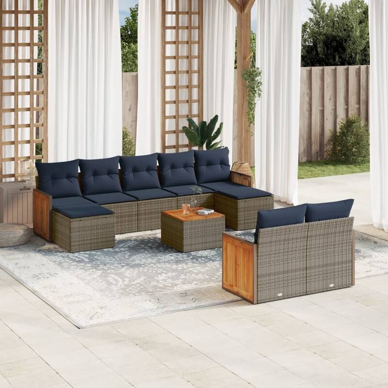 vidaXL 9/10 Piece Patio Sofa Set with Cushions Black/Gray Poly Rattan - 21.7 x 24.4 x 27.2 - Gray With table