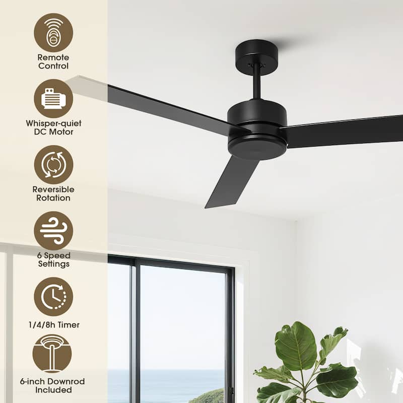 52-inch Modern DC Motor Black Remote Indoor Ceiling Fan without Lights - 52-inch W*12.2-inch H