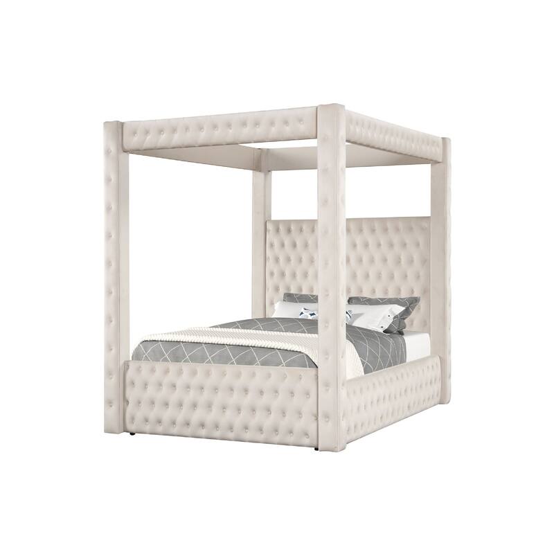 Beli Queen Size Canopy Bed, Tufted Design, Ivory Velvet Upholstery