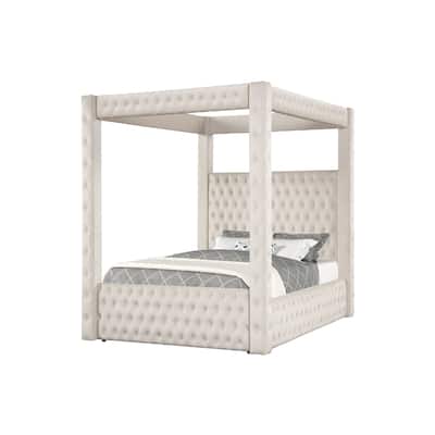Beli Queen Size Canopy Bed, Tufted Design, Ivory Velvet Upholstery
