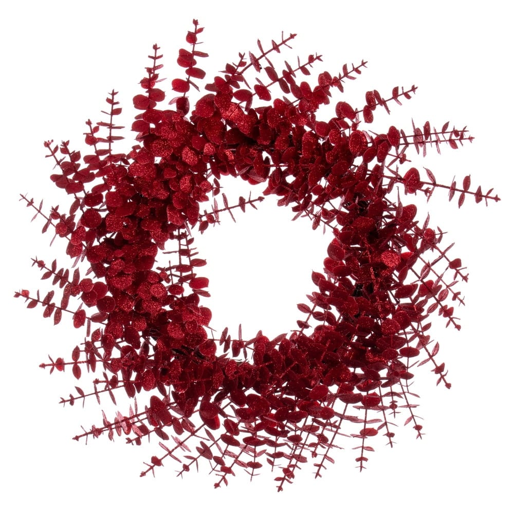 Vickerman 24" Red Artificial Eucalyptus Glitter Wreath.