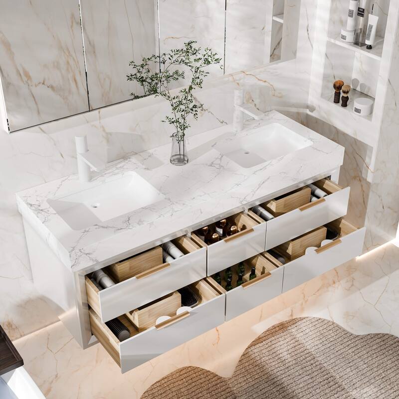 Modland 60" Modern Floating Bathroom Vanity with Double Sink, Soft-Close Drawers, White Stone Countertop