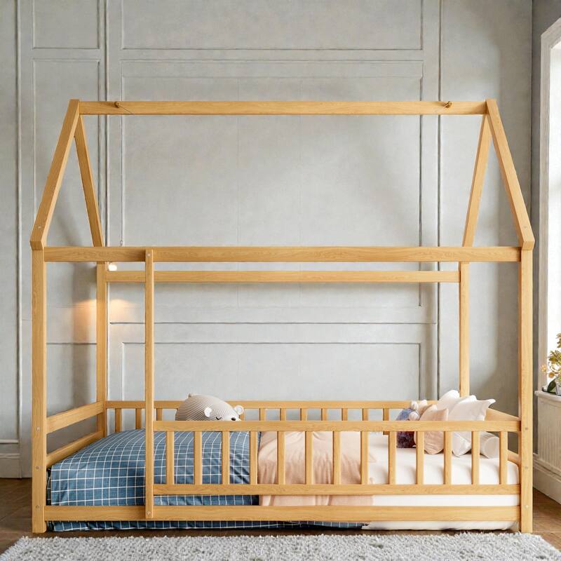Wooden House Frame Floor Bed with Roof, Fence Guardrails, Pine Wood Kids Platform Bed for Bedroom