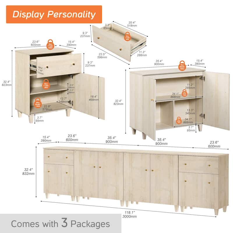Wood Dresser with 2 Drawers and 4 Cabinets for Bedroom, 118" Wide